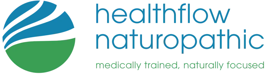 Healthflow Naturopathic logo: Blue and green circle with waves, text "healthflow naturopathic"