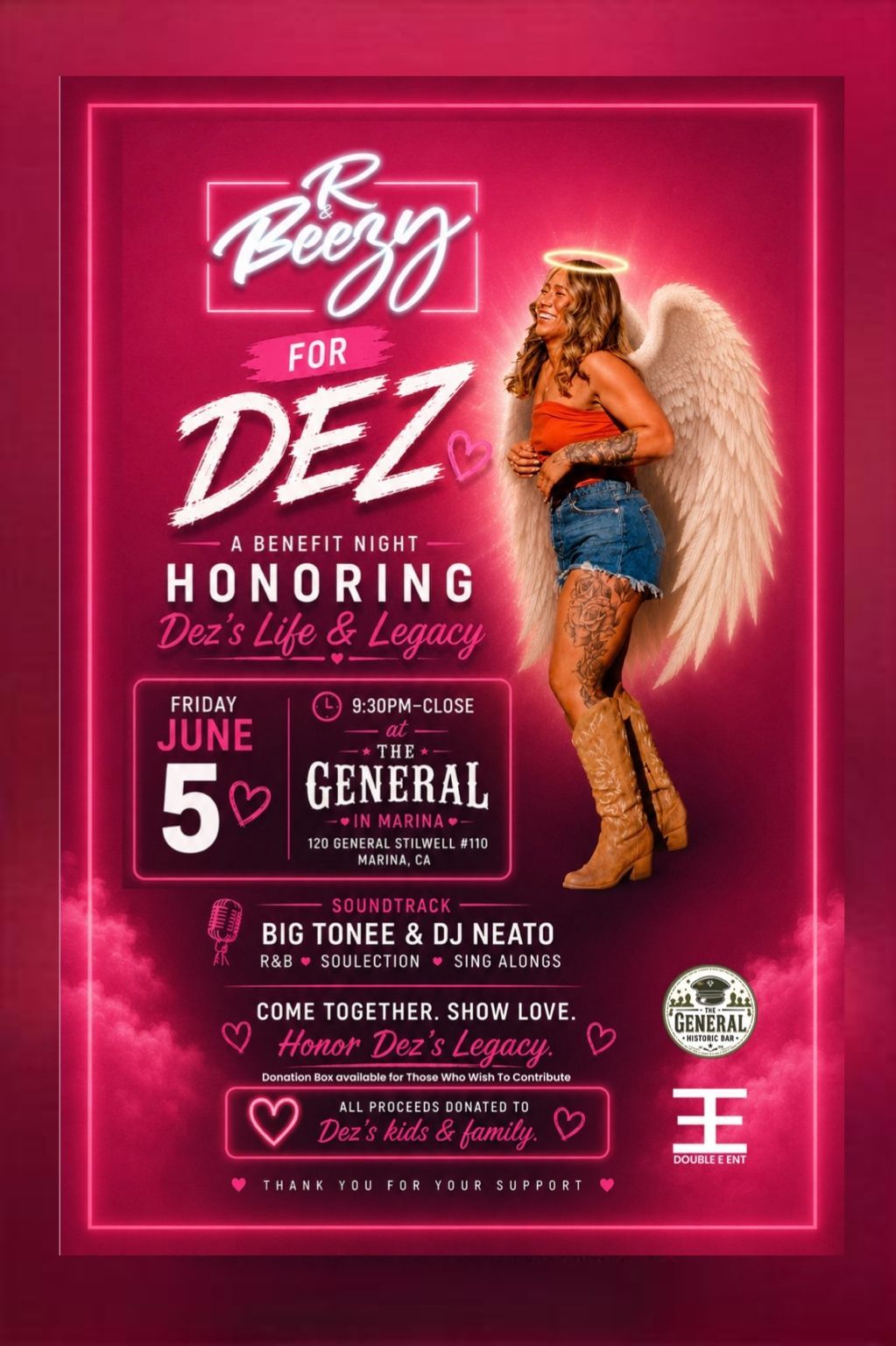 R&Beezy for Dez benefit event flyer featuring angel wings and a halo honoring Dez's life and legacy. Join us Friday, June 5 at 9:30 PM at The General Historic Bar in Marina, CA. Music by Big Tonee and DJ Neato with R&B, Soulection, and sing-along favorites. No cover charge. Donation box available, with all proceeds supporting Dez's children and family. Community fundraiser celebrating love, remembrance, and support.