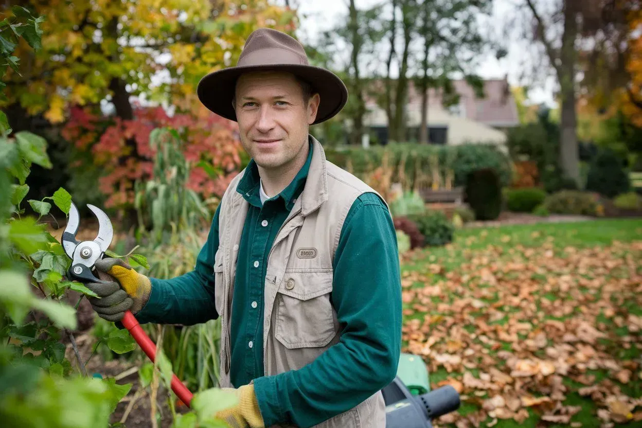 Gardener in a brown hat pruning shrubs with shears in a leafy autumn garden