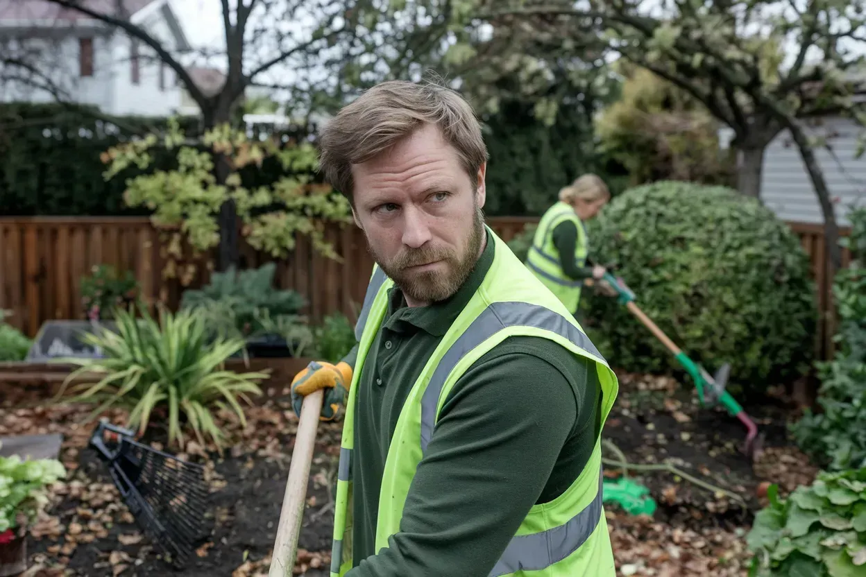 Gardener in a neon vest raking leaves in a backyard, with another worker in the background.
