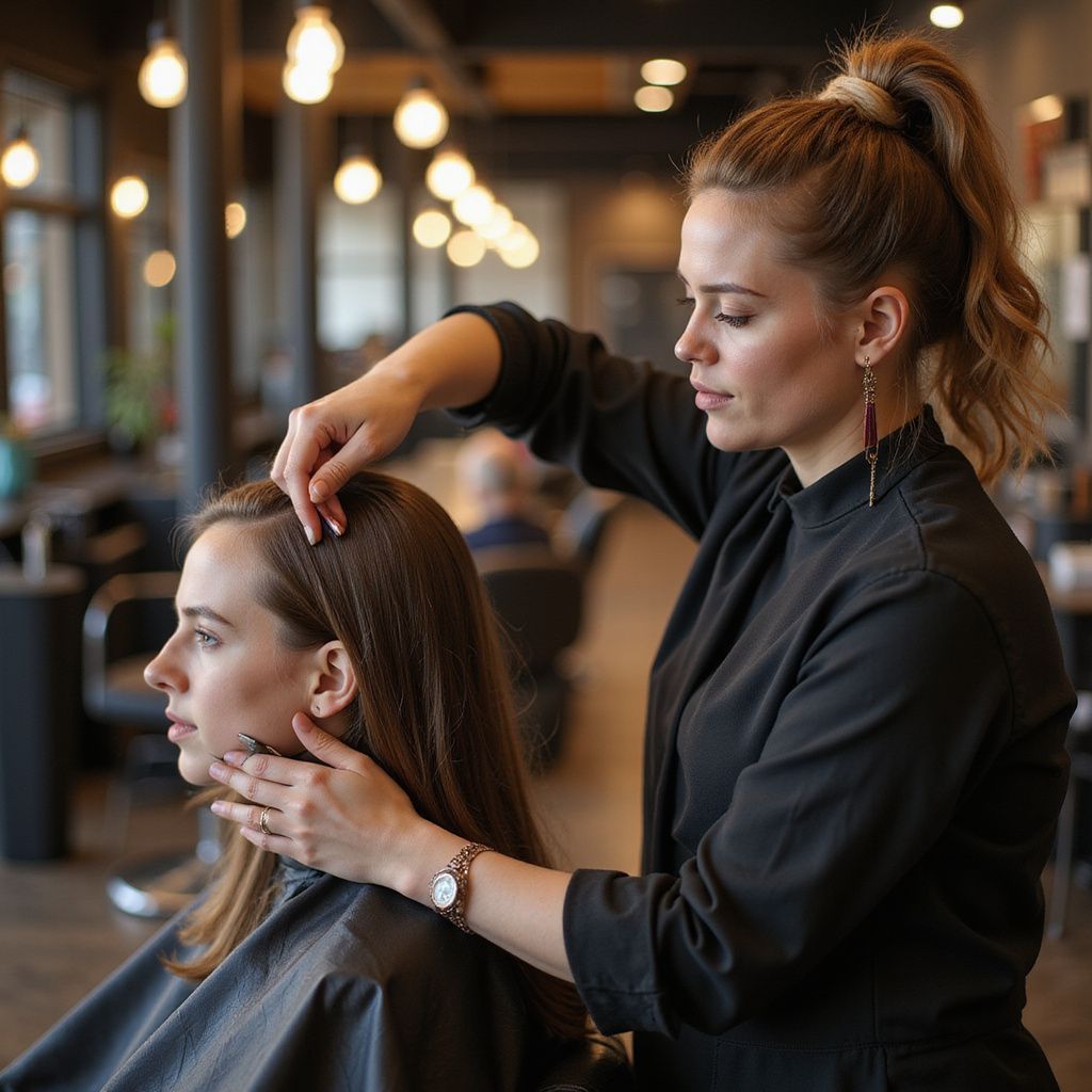 Hair stylist examining client's hair in a salon. Both have light skin. Client is looking to the side.