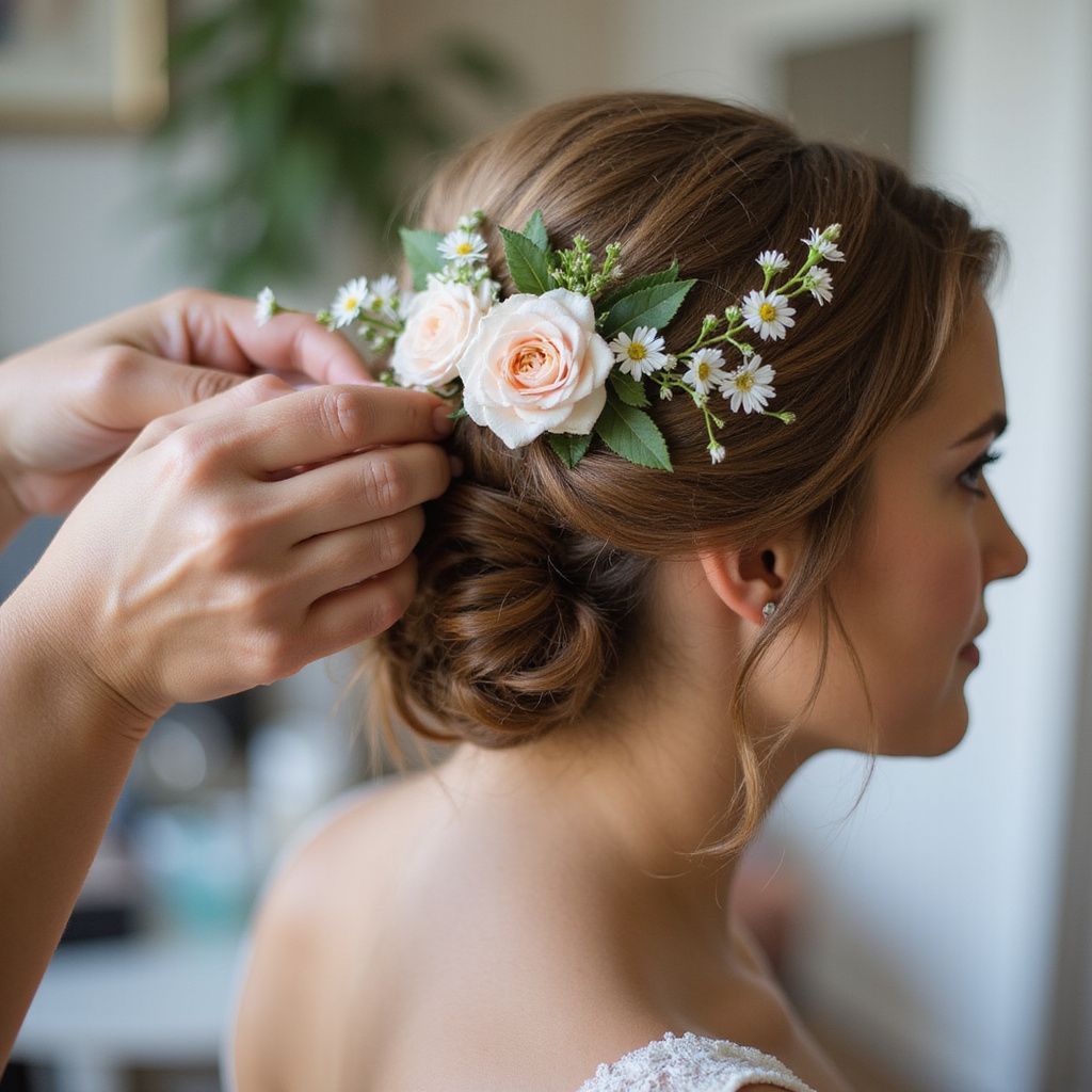 Woman having flower hairpiece adjusted; soft peach roses and white daisies; indoors, natural light.
