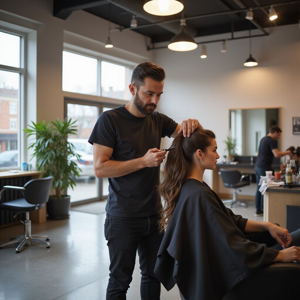 Hairdresser cutting a customer's hair in a salon. The customer is seated, wearing a cape.