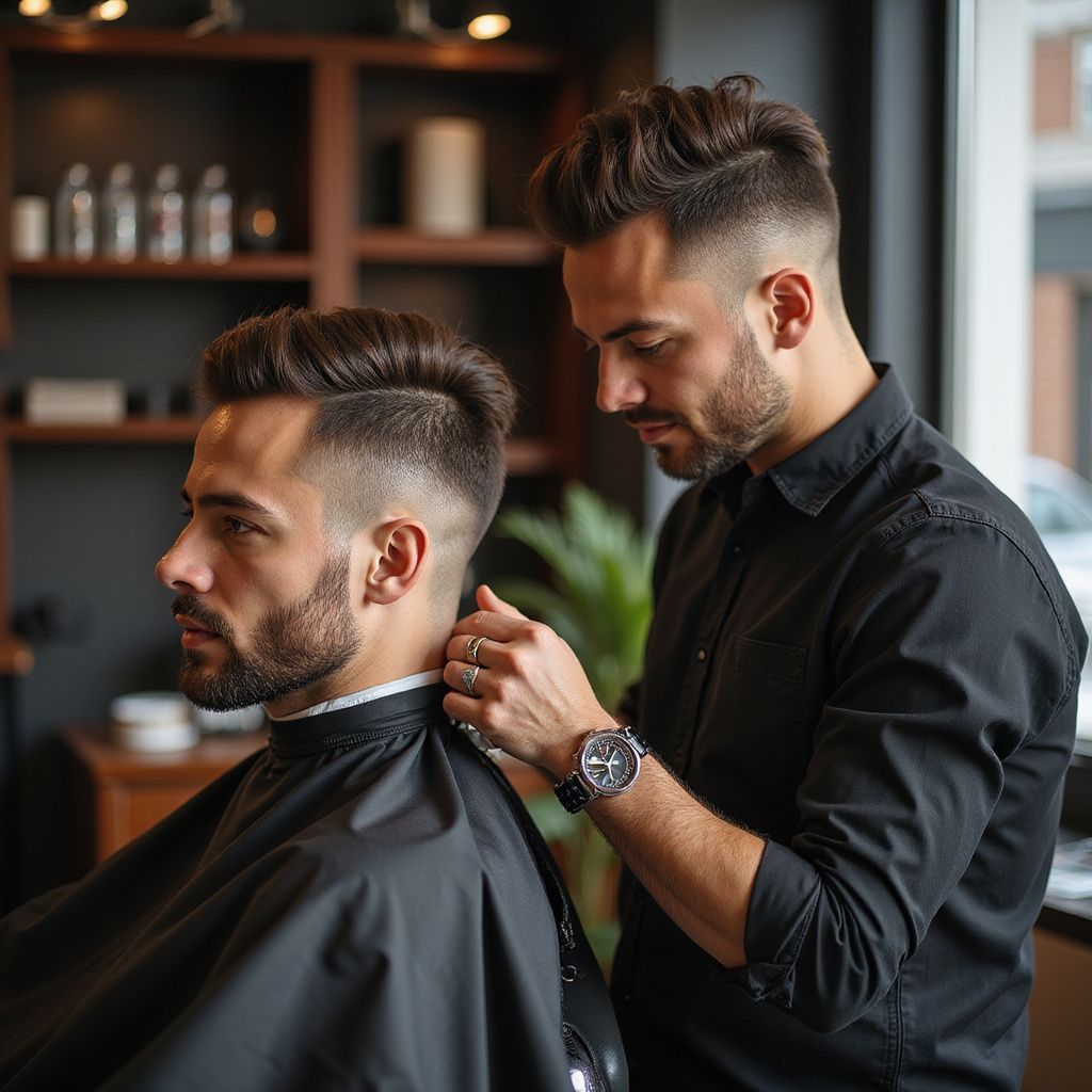 Barber cutting a client's hair in a salon. The barber is wearing a black shirt and a watch. The client is in a chair.