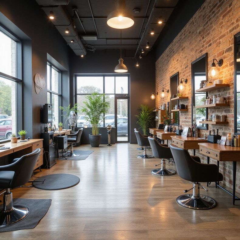 Interior of a modern hair salon with brick accent wall, stations, mirrors, and large windows.