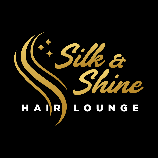 Gold logo for Silk & Shine Hair Lounge with flowing hair design and text on black background.