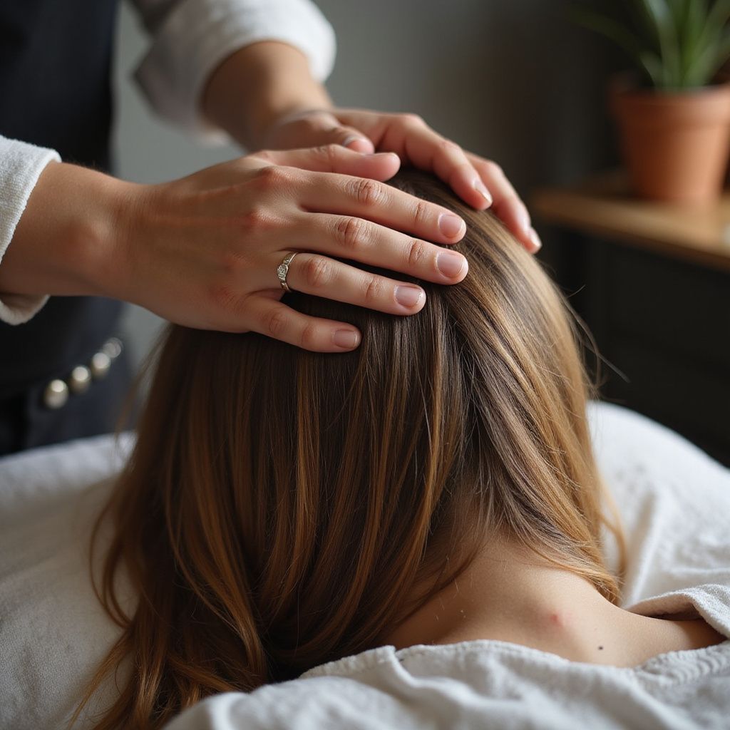 Hands gently touching a person's head during a massage or healing session, indoors.