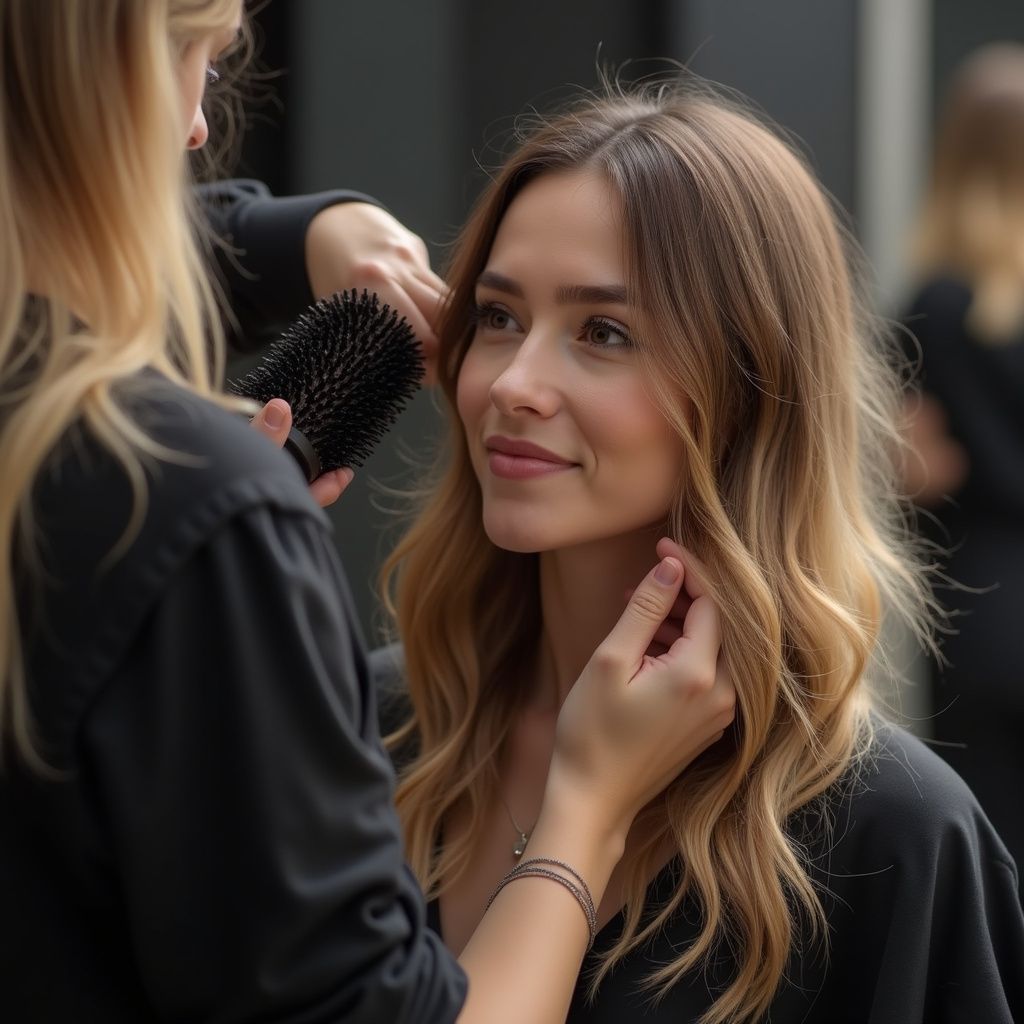 A hairstylist brushes a woman's wavy, highlighted hair, smiling in a salon.