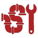 Red plumbing pipes and wrench icon.