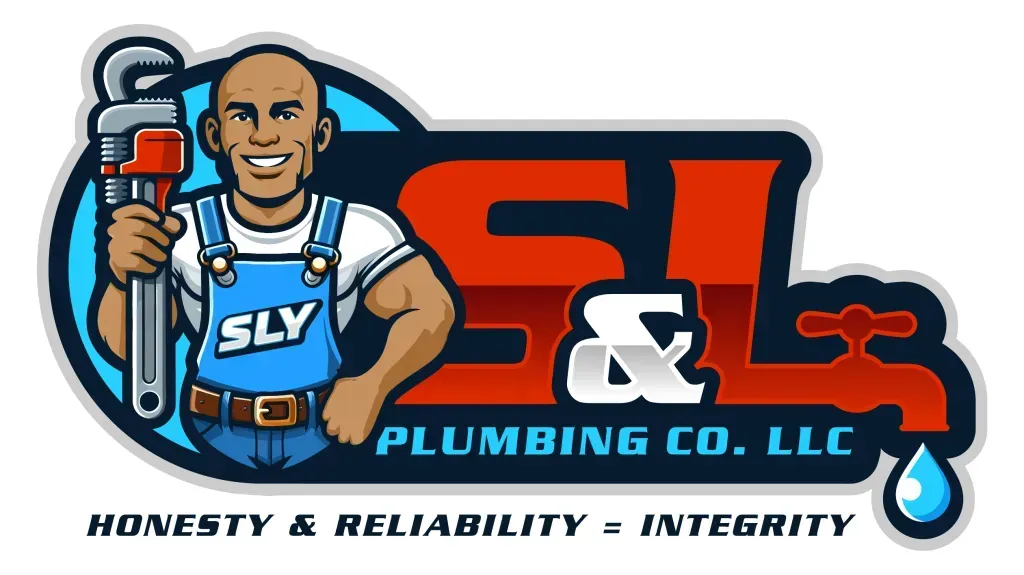 Logo for S & L Plumbing Co. LLC: A smiling plumber holding a wrench, with company name and slogan 