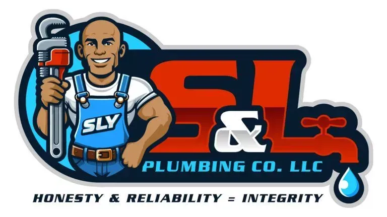 Logo for Sly & L Plumbing: a smiling plumber holding a wrench, red & blue design.