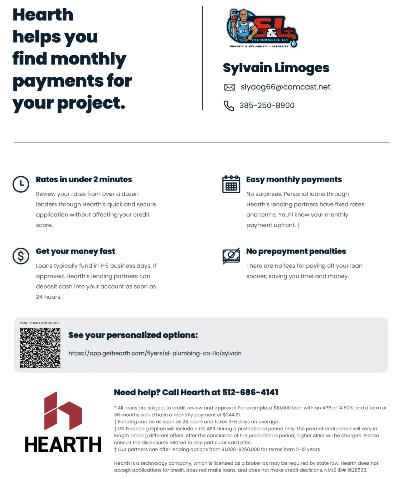Advertisement for Hearth, a company that helps find monthly payments. Includes contact info for Sylvain Limoges.