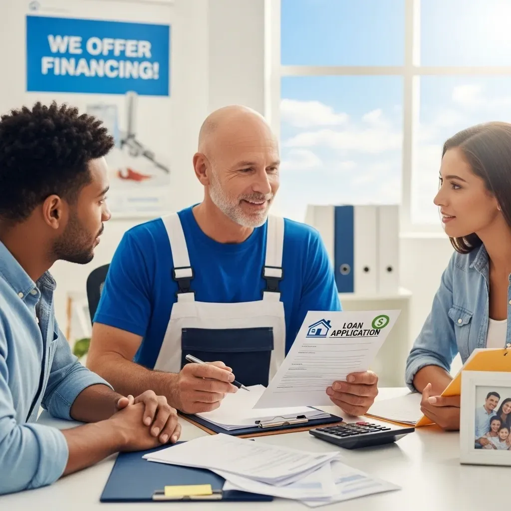 A car salesman reviews paperwork with a couple; the sign says, “We offer financing.”