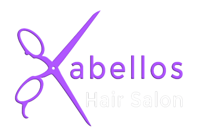 A purple logo for a hair salon with a pair of scissors.