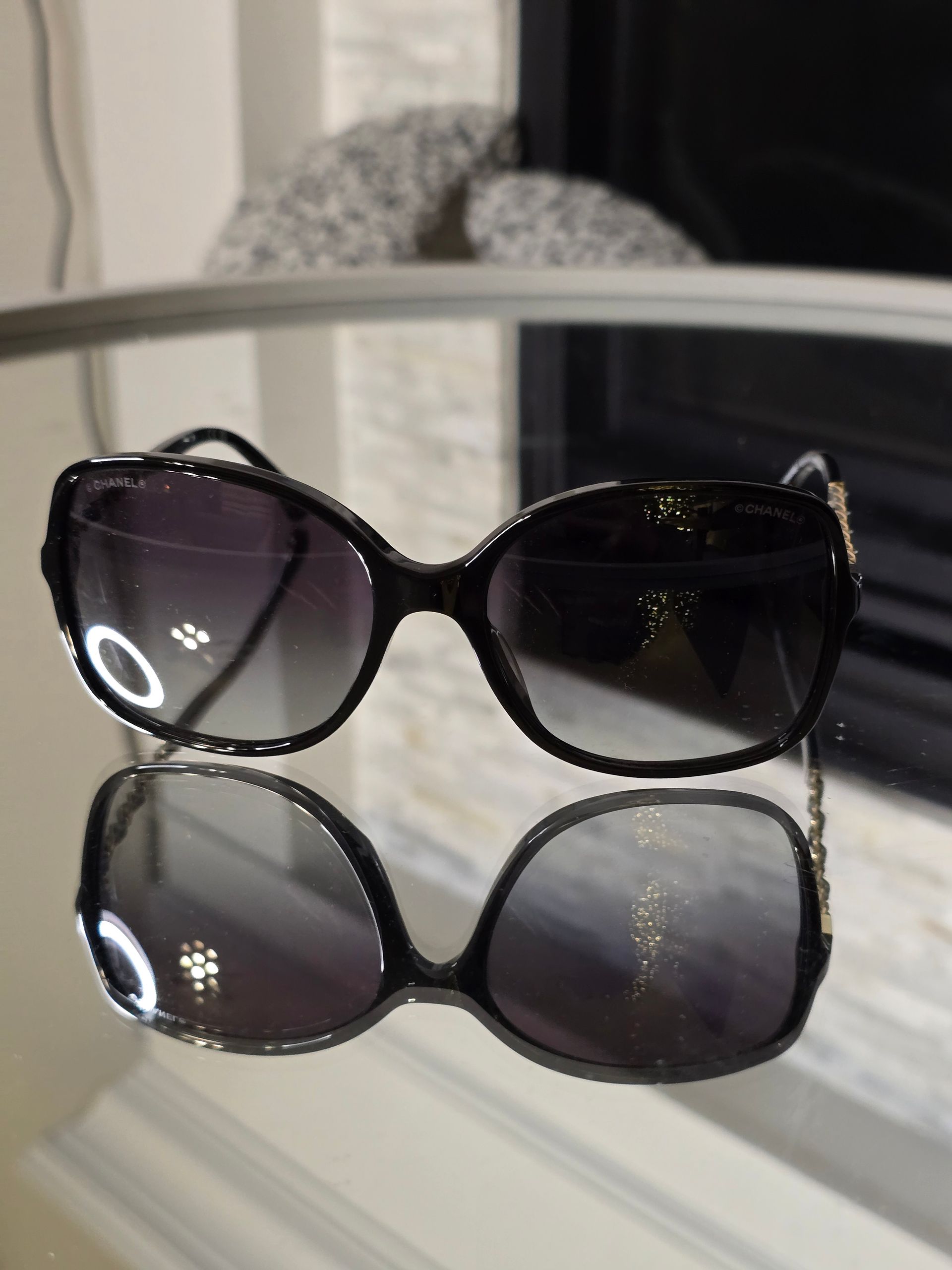 Chanel Leather Chain Strap Black Sunglasses