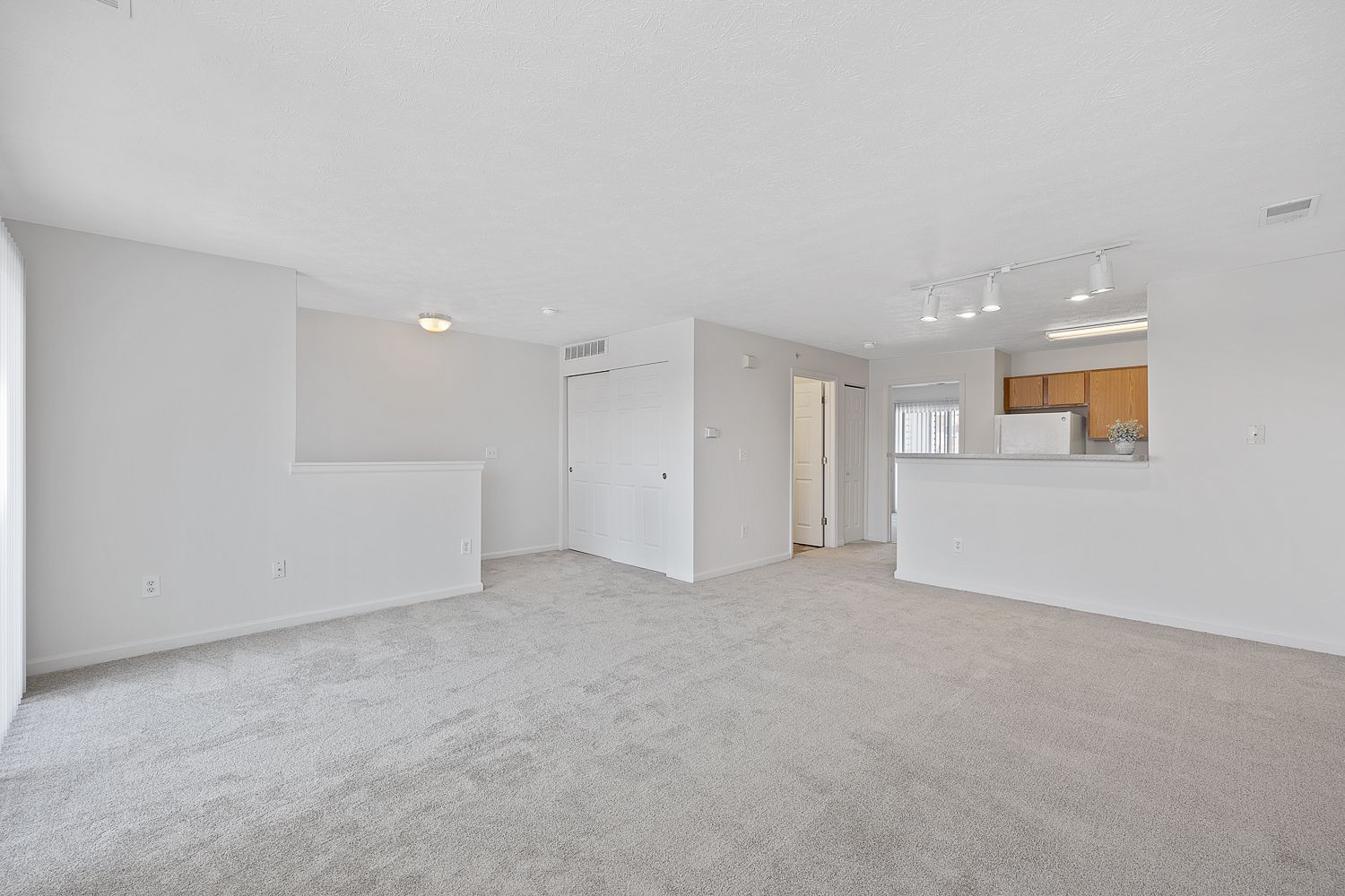 The Elm floor plan open living room with carpet flooring leading into kitchen and dining area.