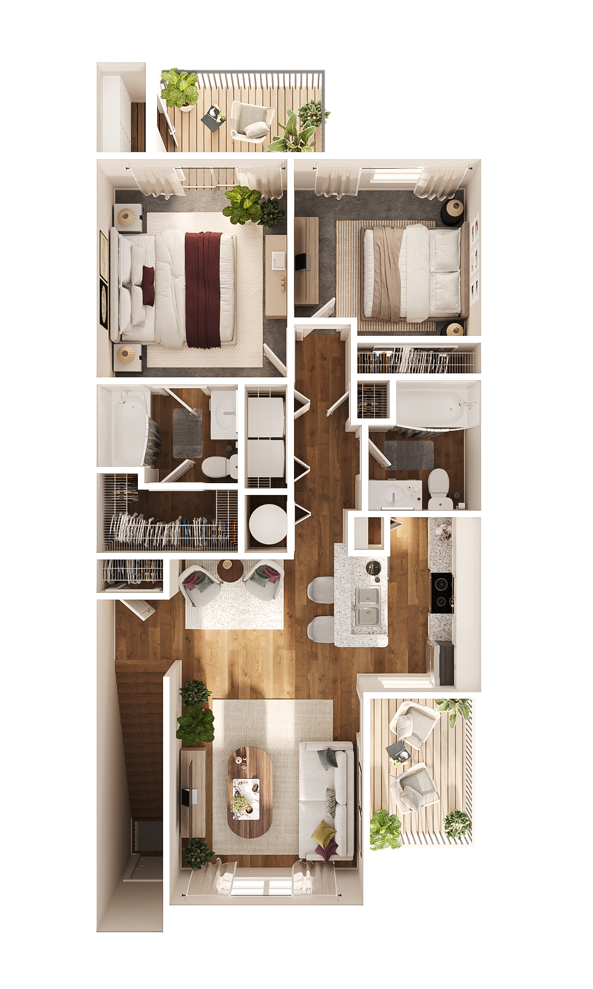 3D rendering of The Oak apartment floor plan with bedrooms and balcony area.