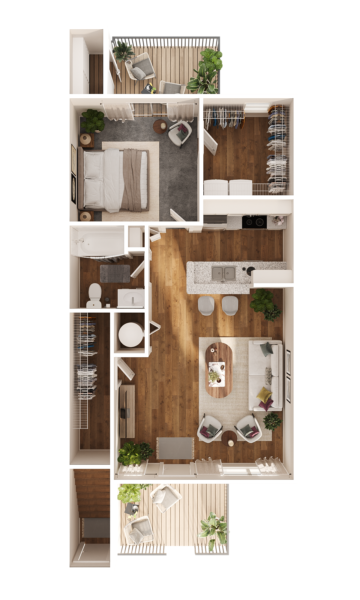 3D rendering of The Ash apartment floor plan with bedroom, living area, and balcony.