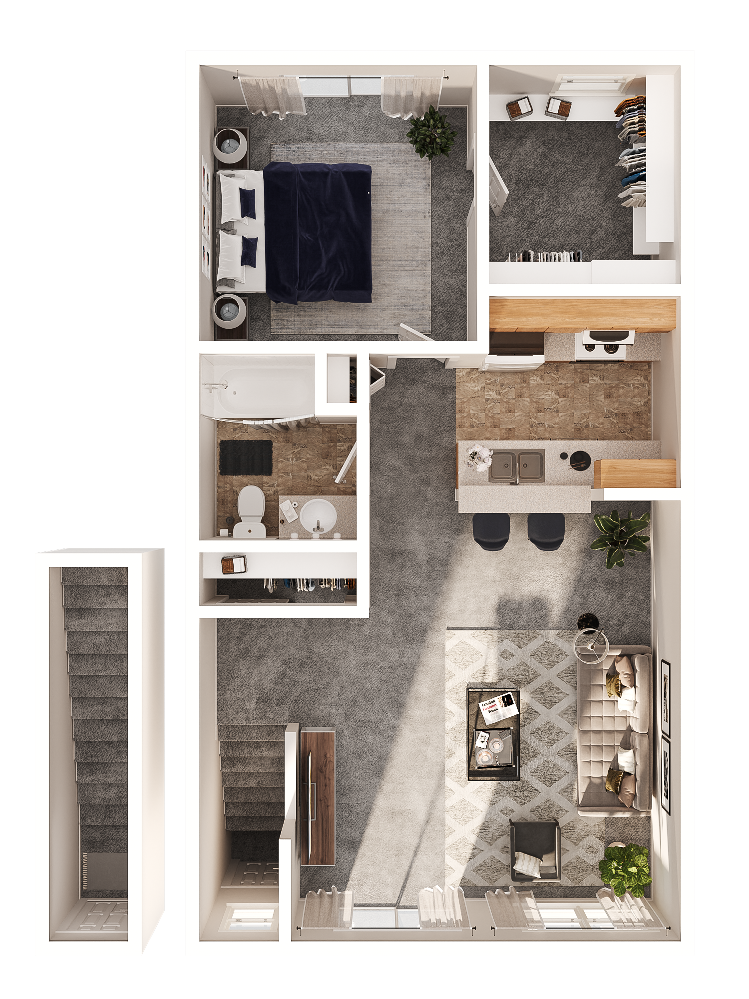 3D rendering of The Elm apartment floor plan with bedroom, closet and kitchen.