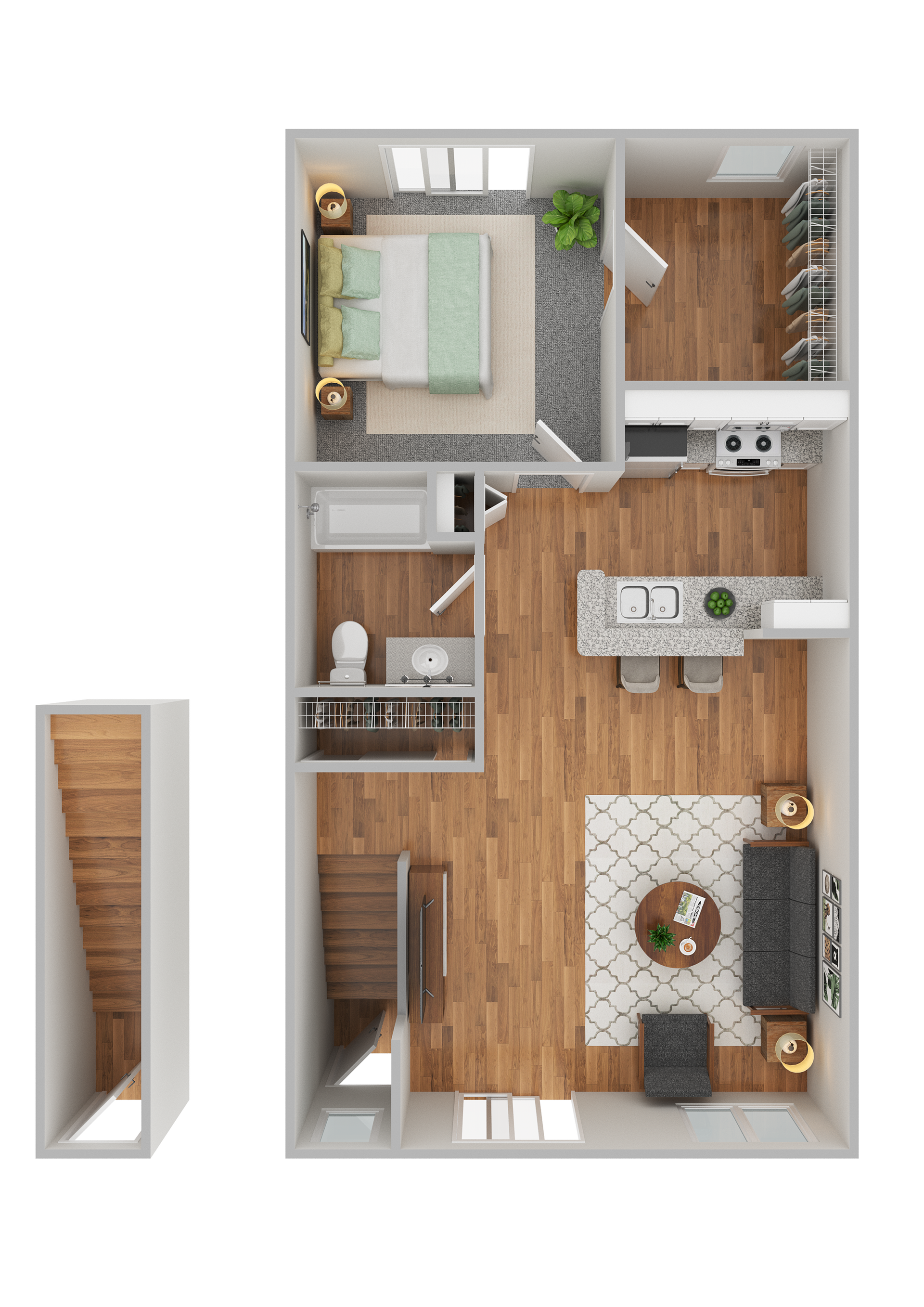 3D rendering of The Elm apartment floor plan with bedrooms and balcony.