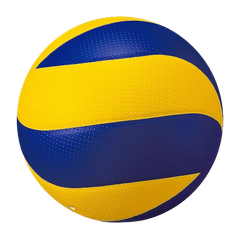 A blue and yellow volleyball on a white background