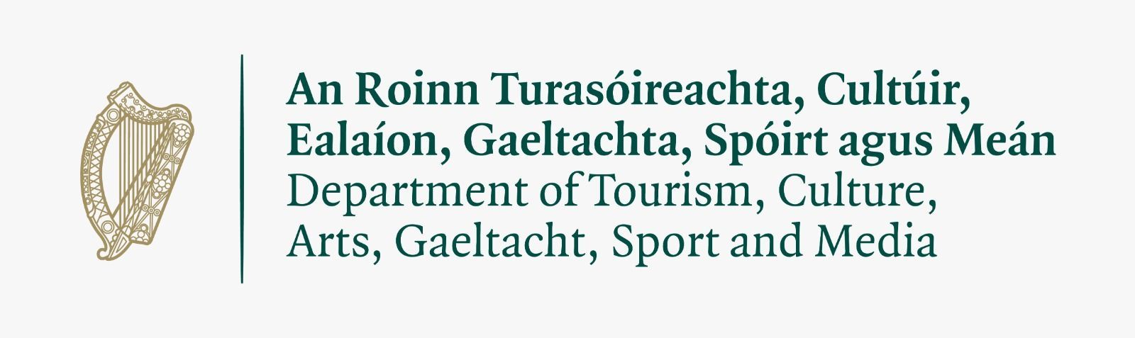 Logo of the Irish Department of Tourism, Culture, Arts, Gaeltacht, Sport, and Media.