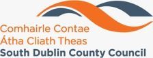 Logo of South Dublin County Council. Orange and blue waves, Irish and English text.