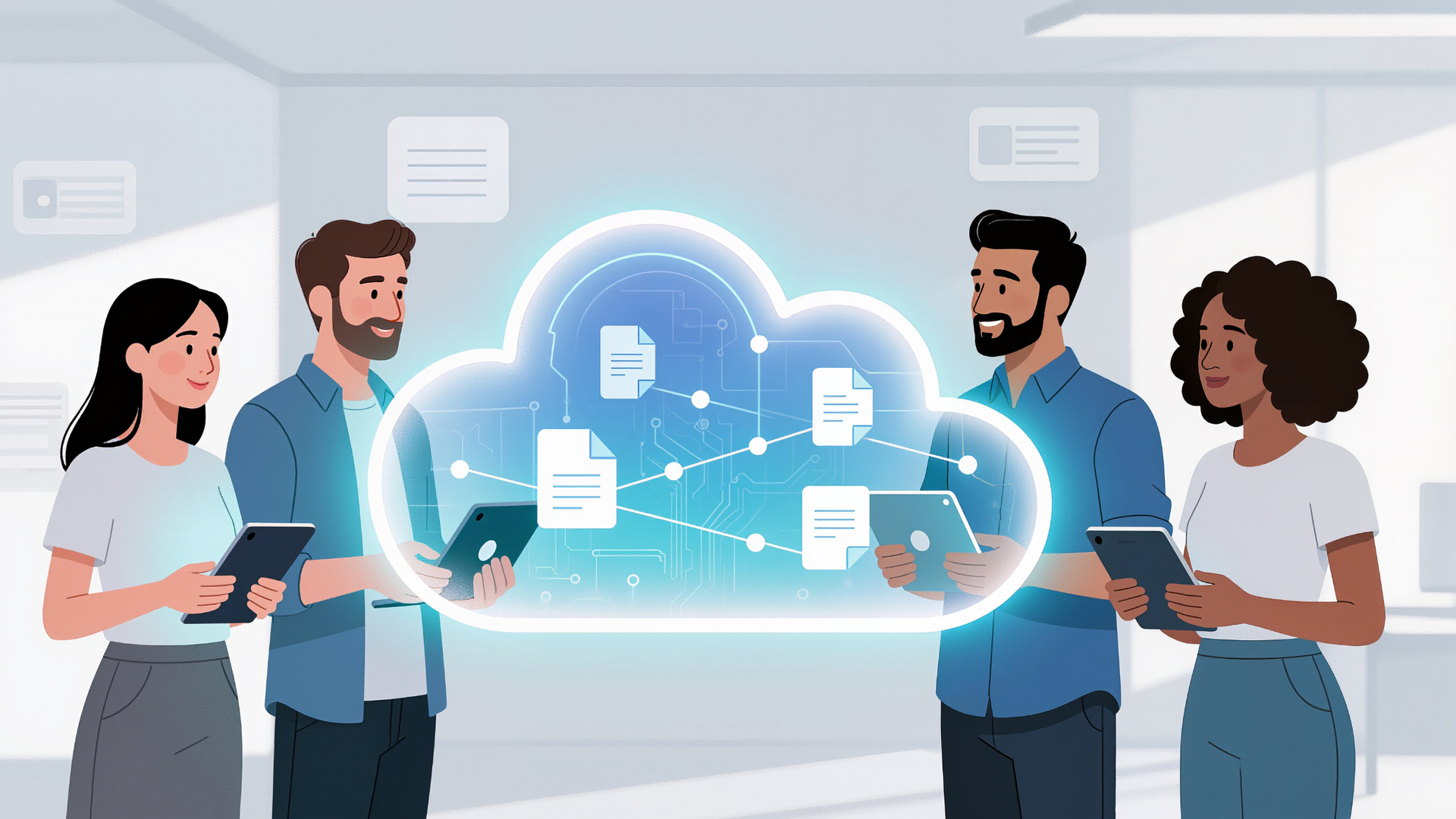 Four people collaborating around a glowing cloud with documents. They hold tablets in a bright office.