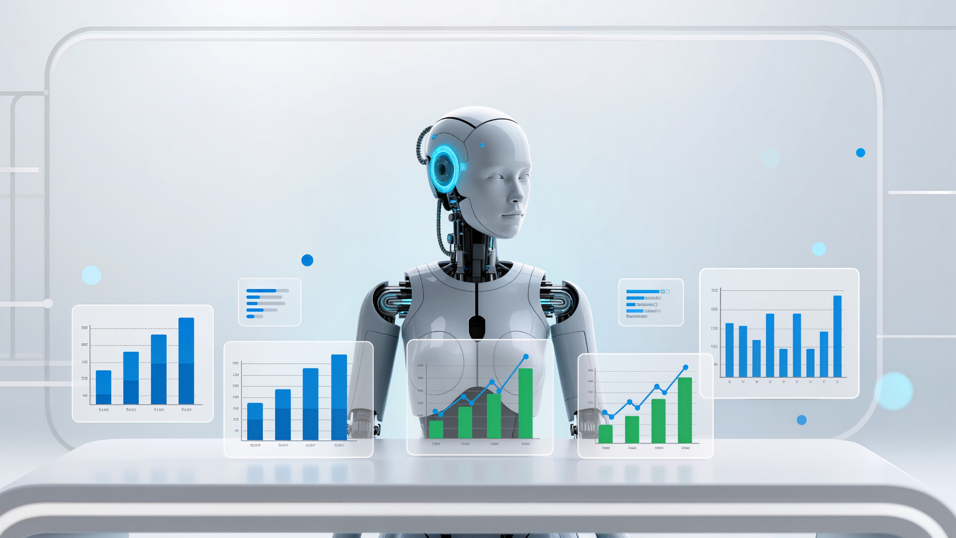 Robot analyzing charts on a futuristic desk. Blue and green bar graphs display data.