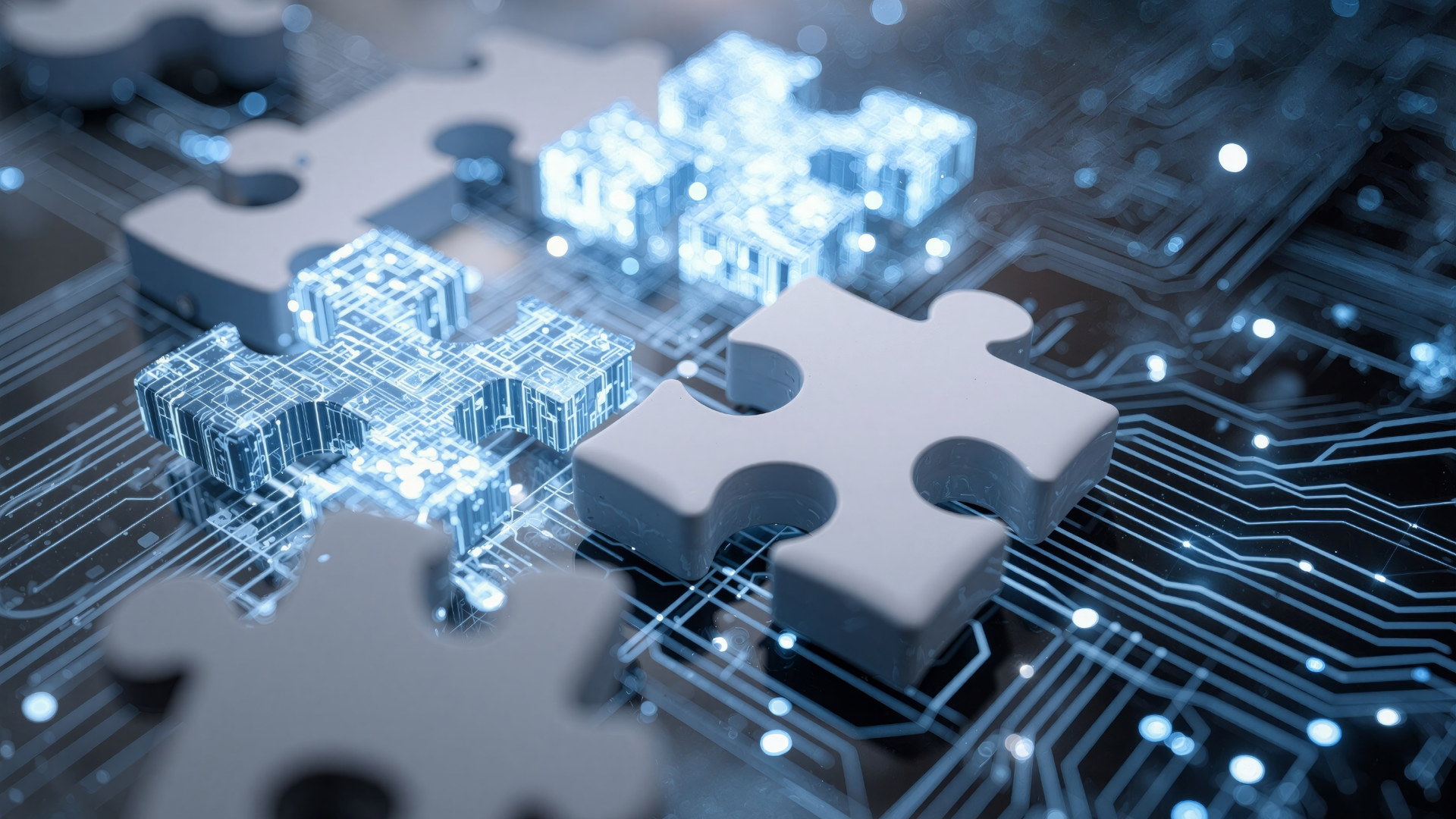 Puzzle pieces hovering over a circuit board, with glowing blue light.