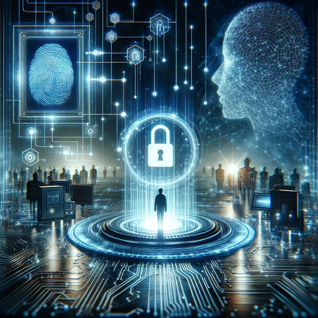 A man is standing in front of a computer screen with a padlock and a fingerprint.