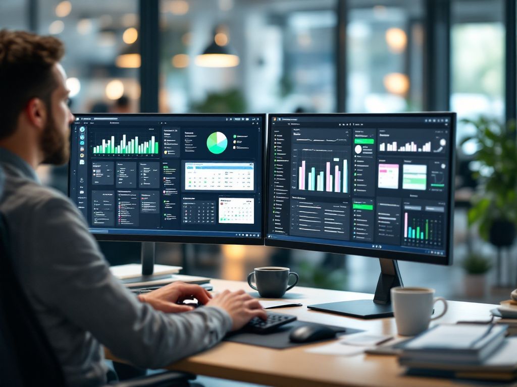 A man is sitting at a desk in front of two computer monitors.