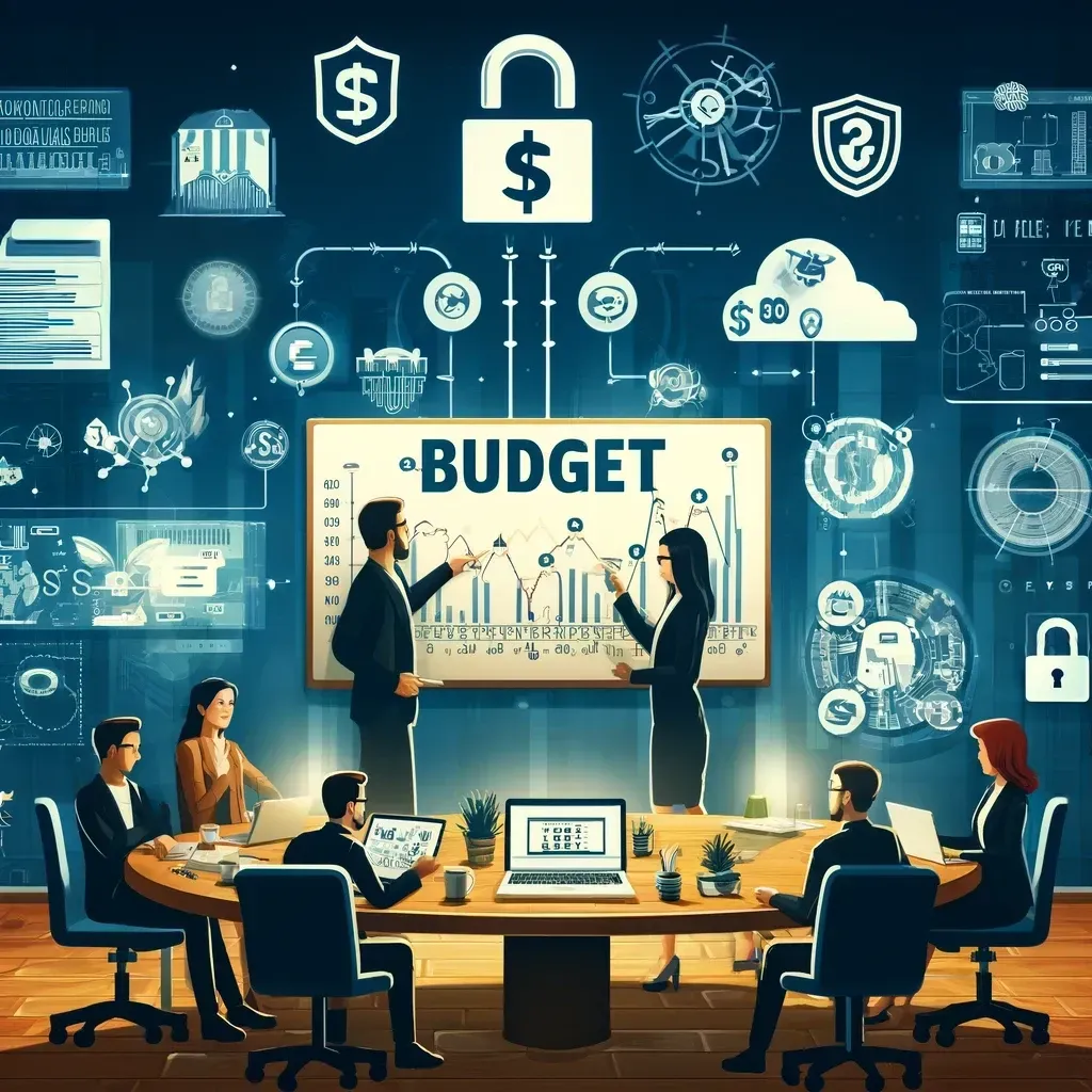A small business office with a team discussing IT budget planning. The scene includes a whiteboard with budget charts and graphs, a laptop displaying