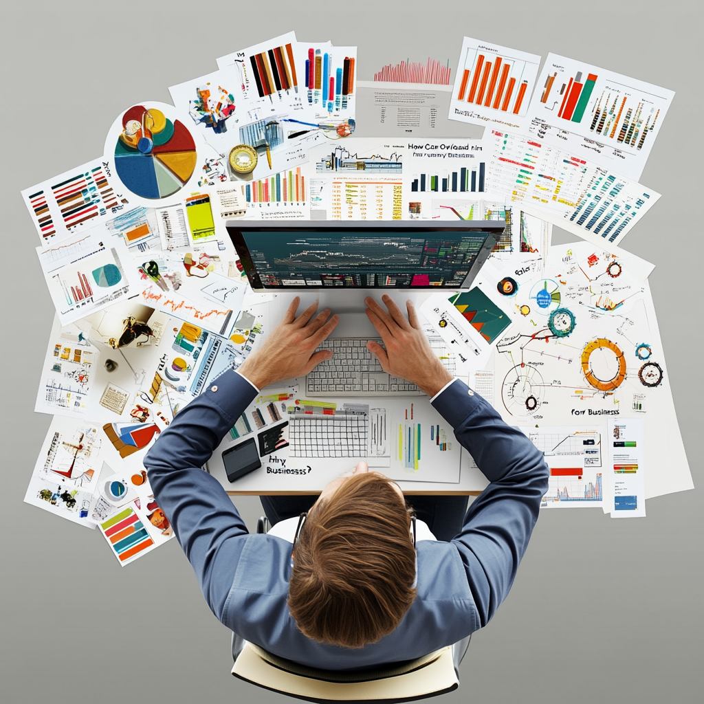 A man is sitting at a desk using a laptop computer surrounded by papers and charts.