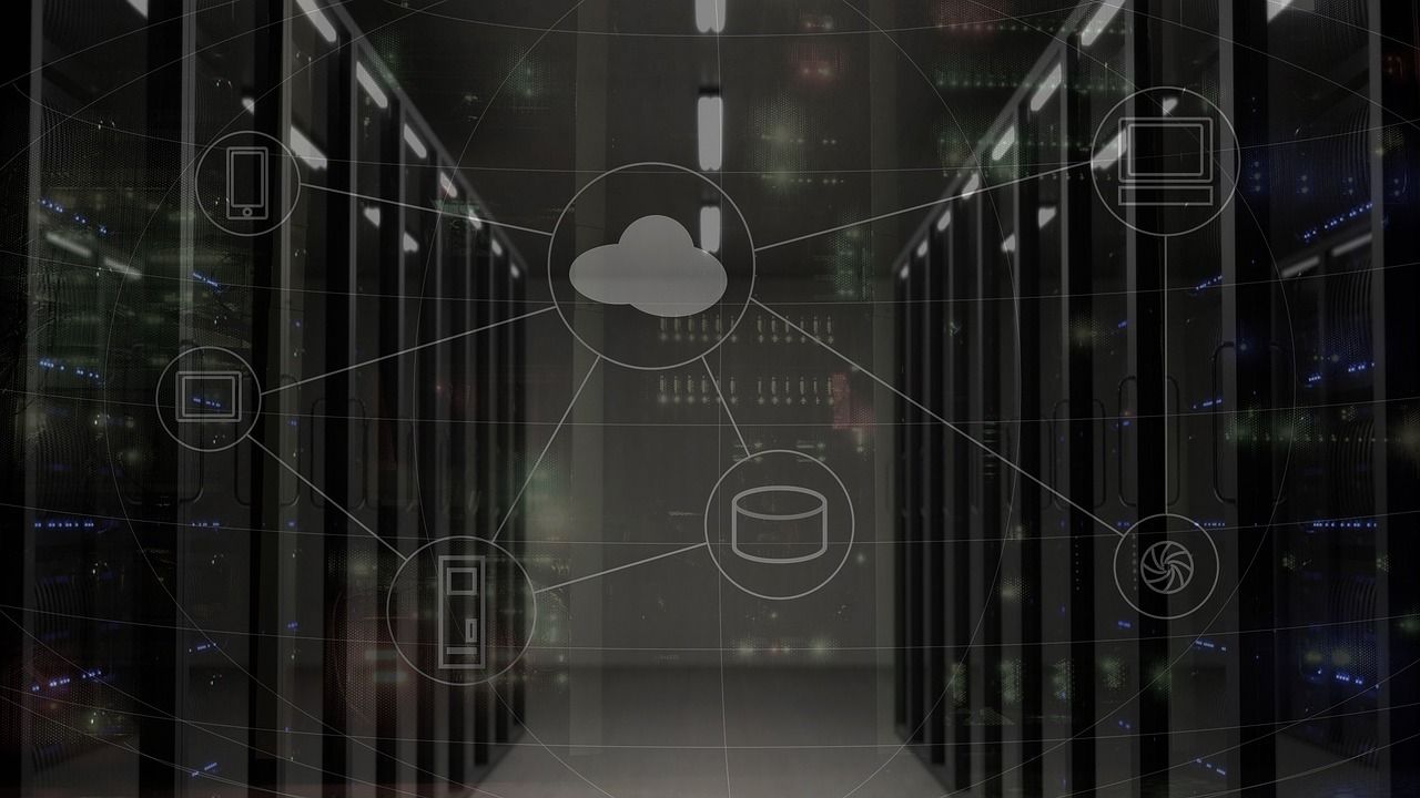 Server room with cloud computing diagram overlaid, representing data storage and network connectivity.
