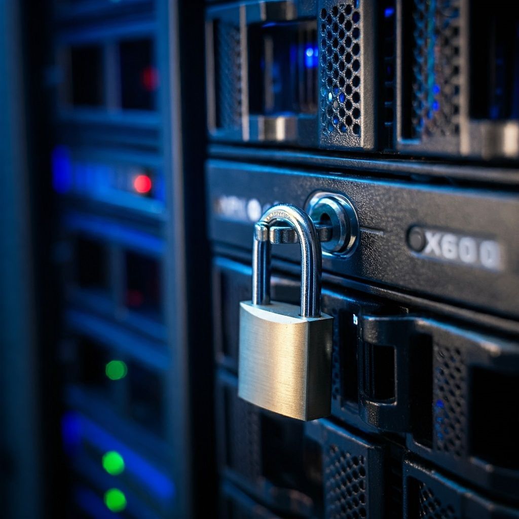 A padlock is sitting on top of a server in a server room.