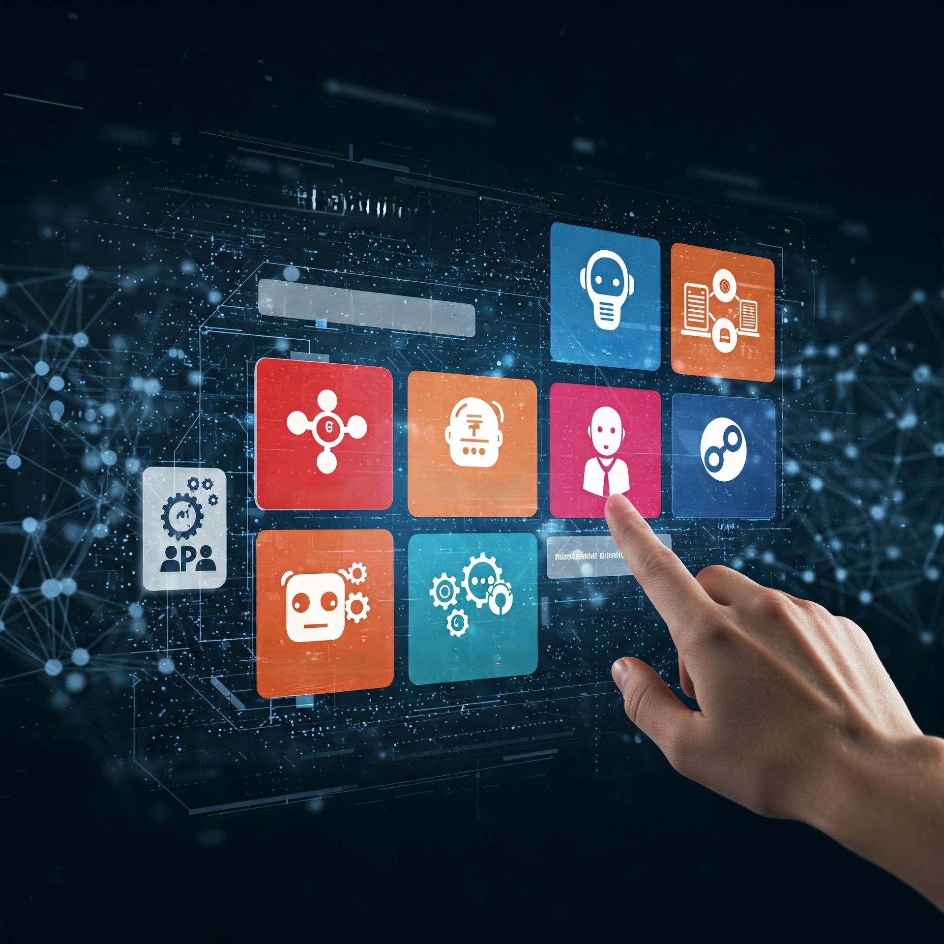 A hand is pointing at a screen with icons on it.
