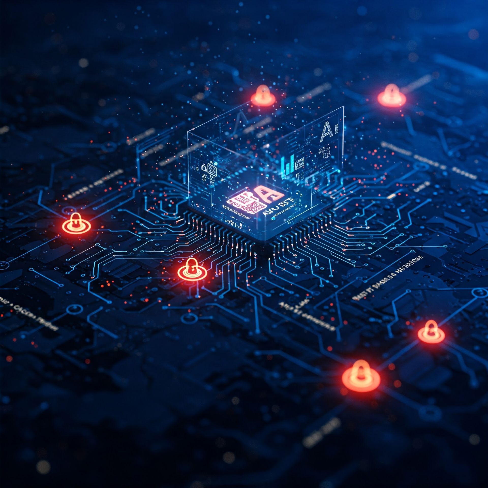 A computer chip is surrounded by red lights on a blue circuit board.