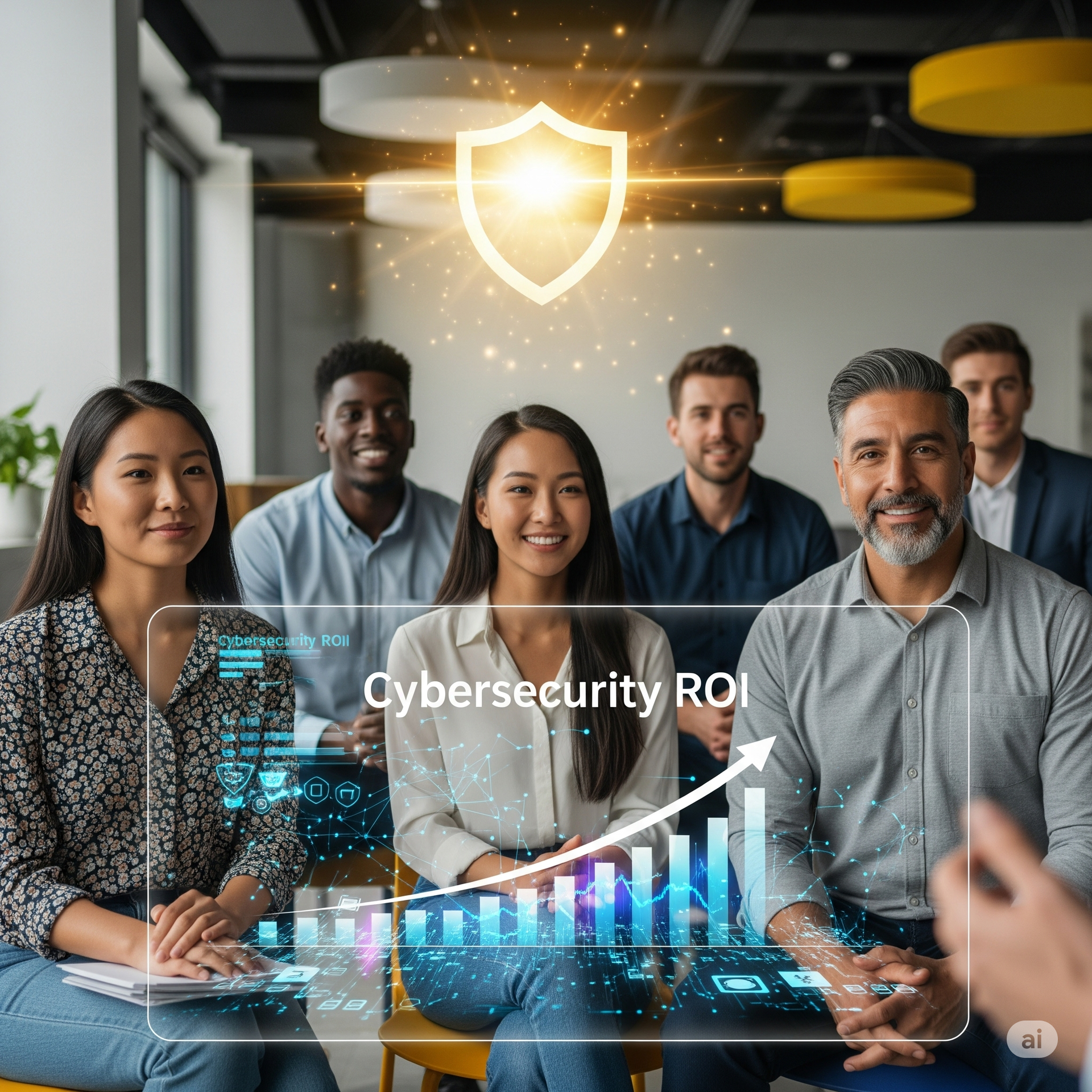 A group of people are sitting in chairs in front of a screen that says cybersecurity roi.