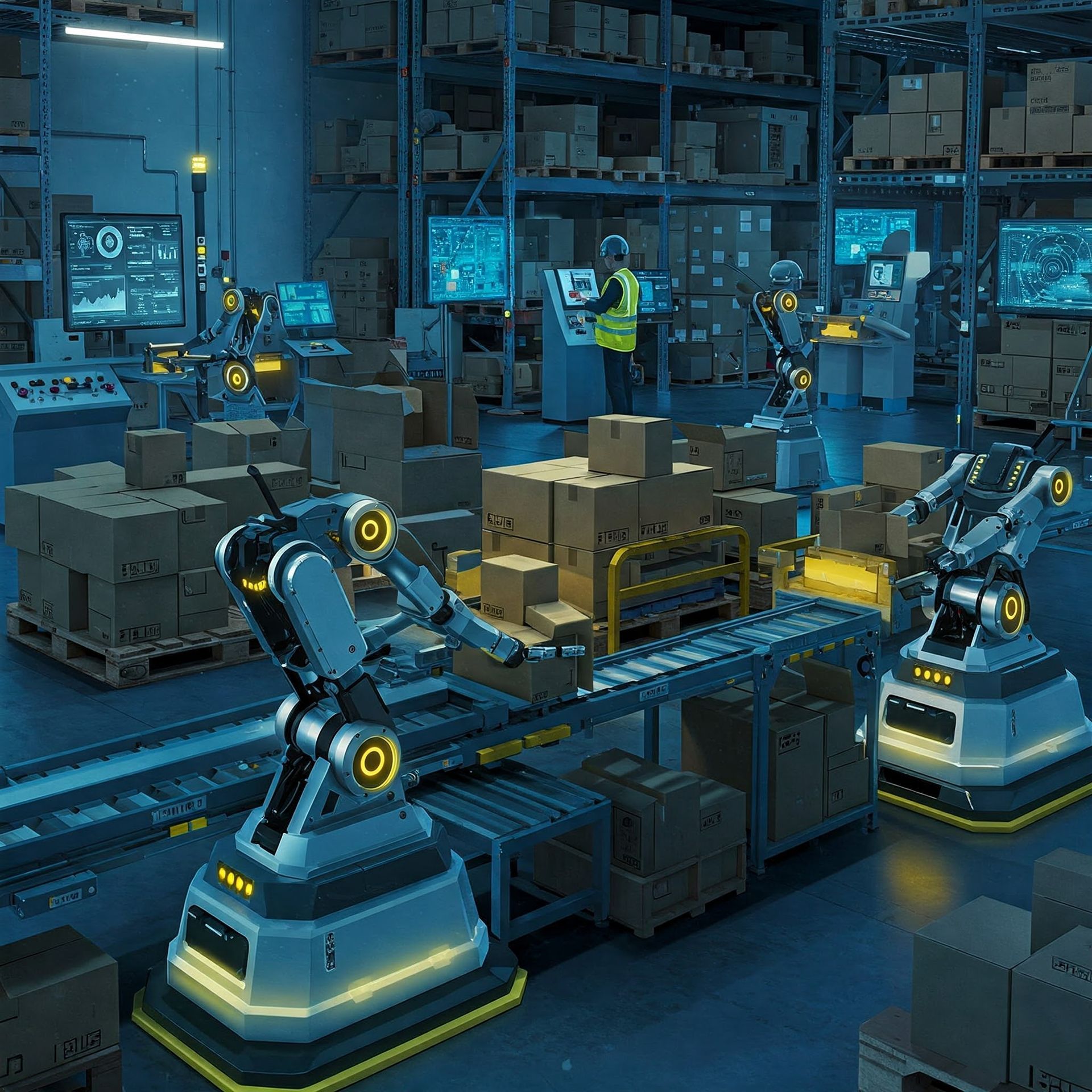 A warehouse filled with lots of boxes and robots.