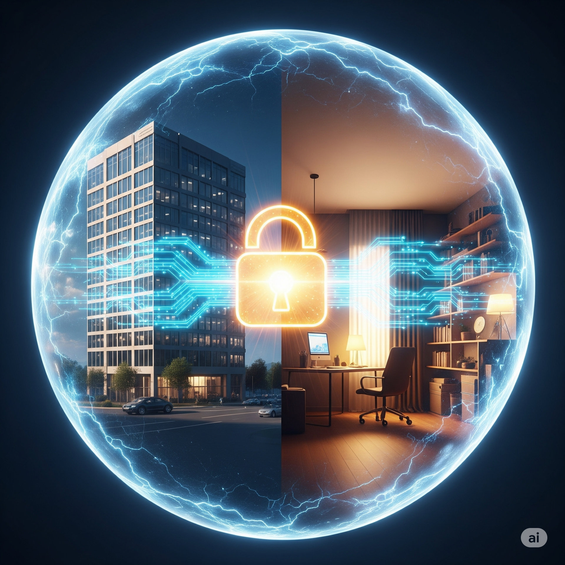 An illustration of a building and a room with a padlock in the middle.