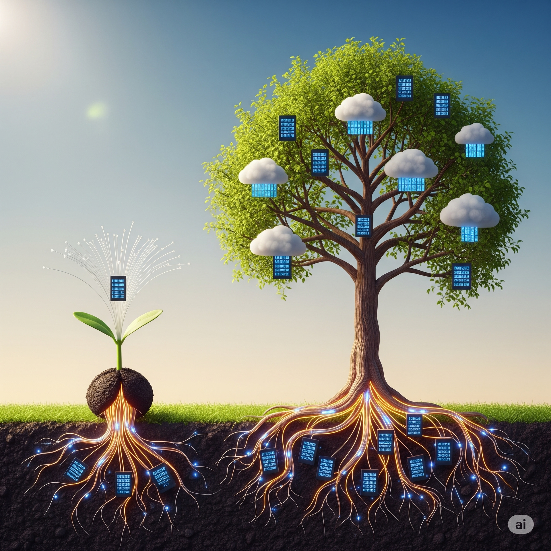 An illustration of a tree with a small plant growing out of it
