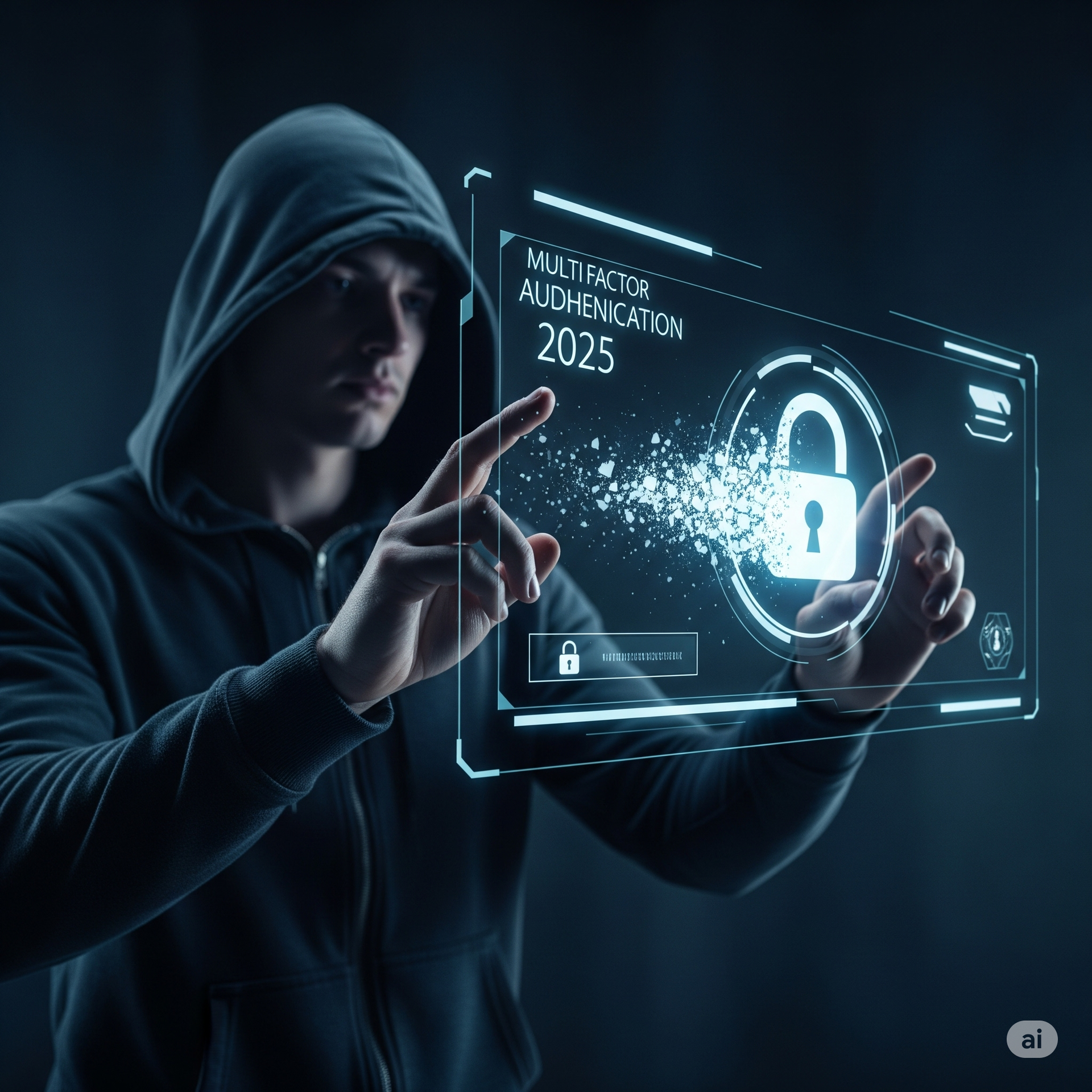 A man in a hoodie is touching a screen that says multi-factor authentication 2025