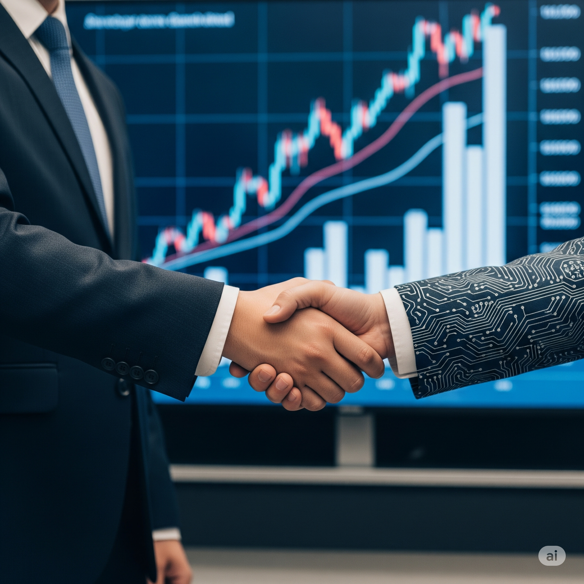 A man in a suit and tie is shaking hands with another man in front of a graph.