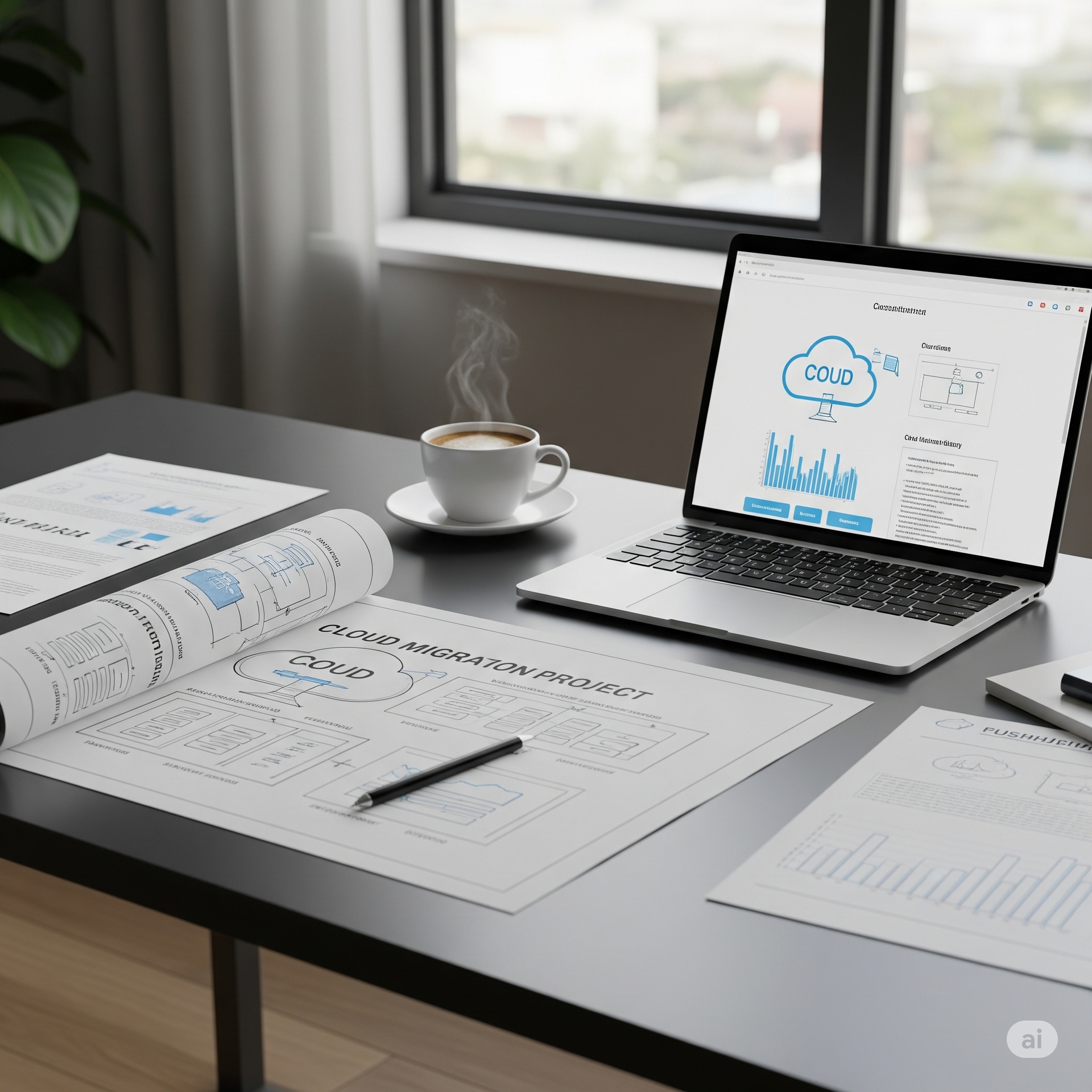 A desk with a laptop and a cup of coffee on it