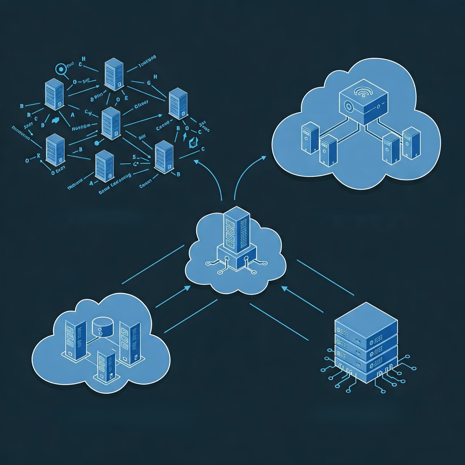 A diagram of a cloud computing system with servers and clouds.