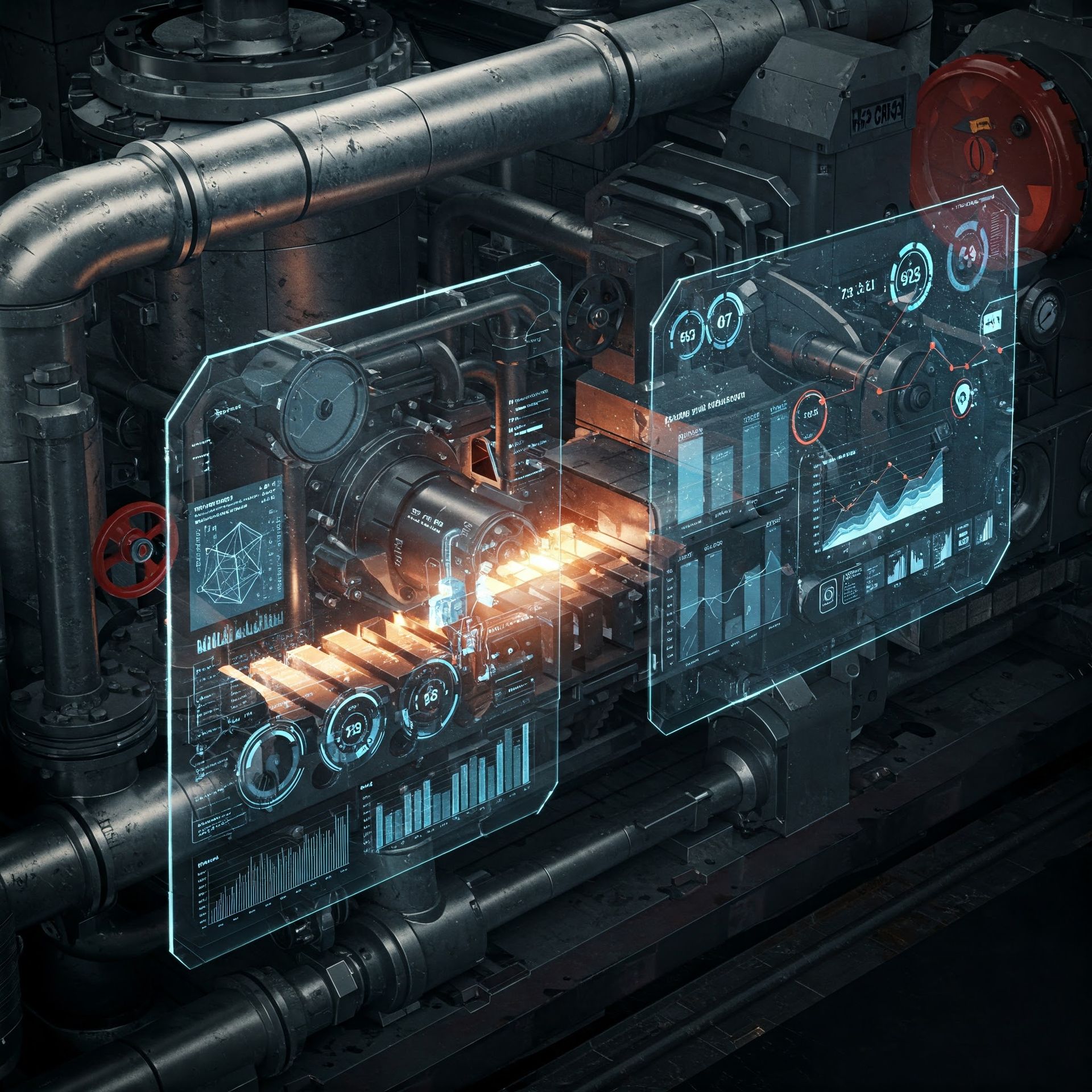 A computer generated image of a machine with a lot of pipes.