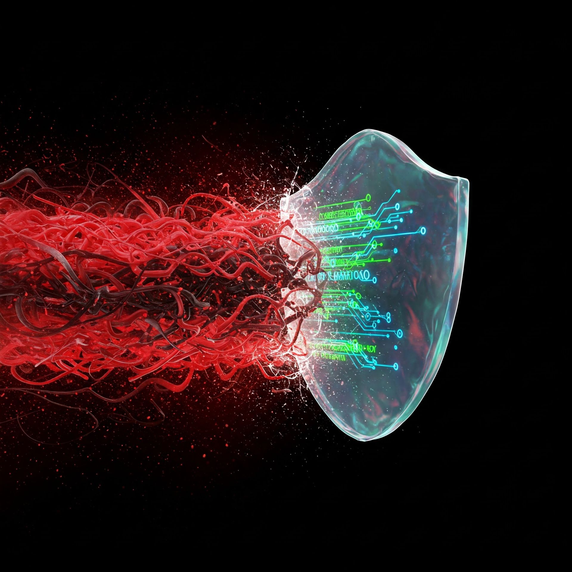 A computer generated image of a shield being smashed by a virus.