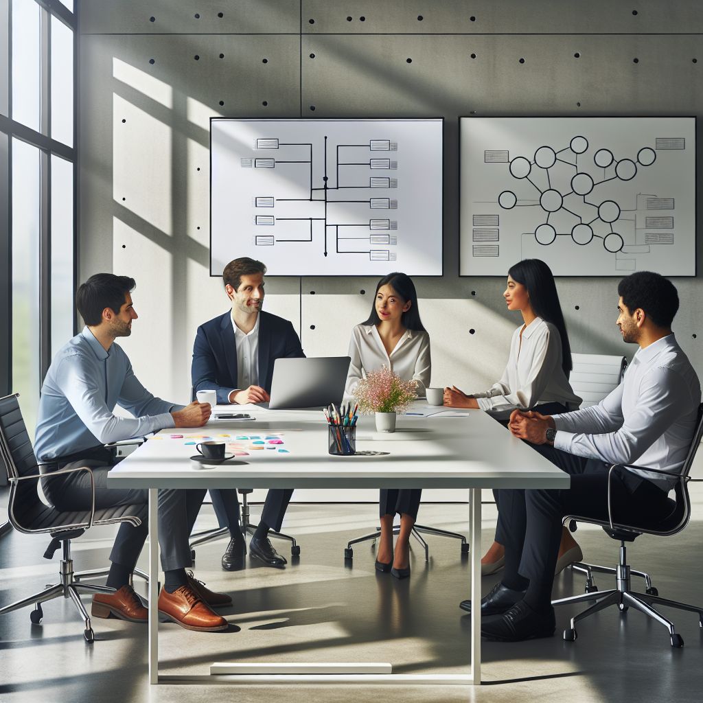 A group of people are sitting around a table in a conference room.