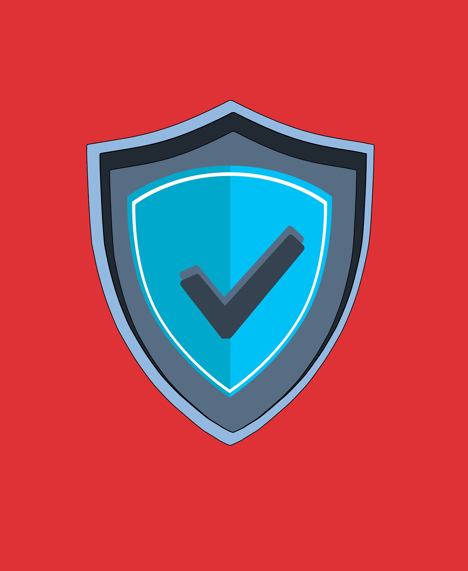 Blue shield with checkmark on red background.